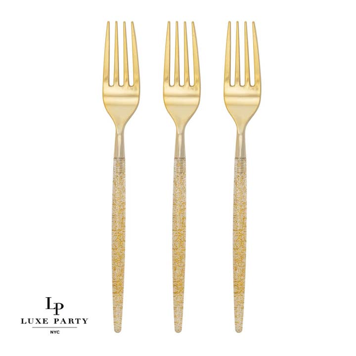 Chic Round Gold Glitter Forks | 32 Pieces for wholesale by Luxe Party