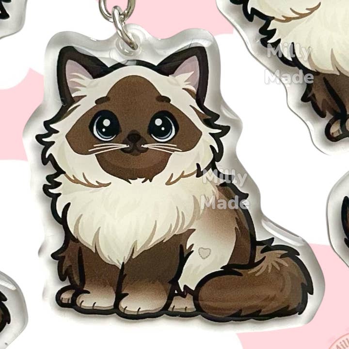 Seal Point Ragdoll Himalayan Cat Acrylic Keychain with Epoxy Resin | Easy-Clip, Cute Cat Cartoon, Hand-Drawn Design, Cat Lover Gift for wholesale by Milly Made Designs