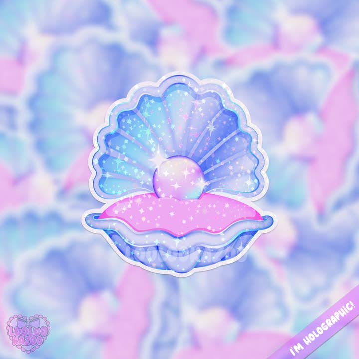 Holographic Stars Oyster with Pearl Cute Vinyl Sticker for wholesale by LooLooKazoo