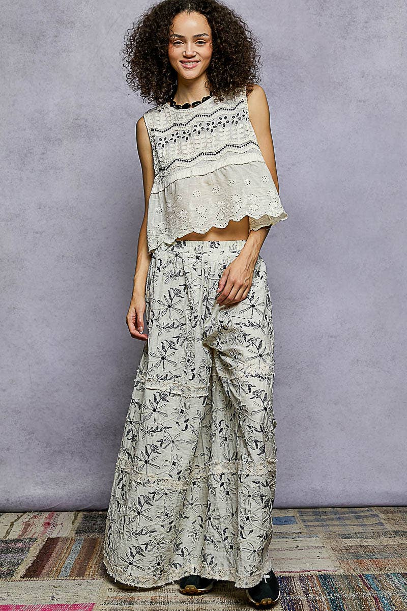 Pol Clothing - Wholesale Pants - Women's - Crochet lace patch embroidered woven floral pattern pants8