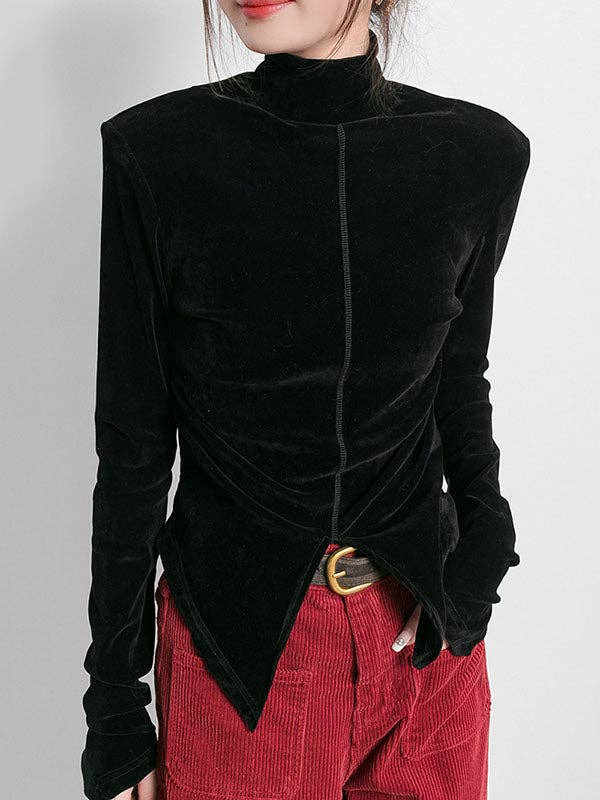 Sheer Trend - Venta al por mayor Blusa - Mujer - Camisetas de cuello alto y bajo de terciopelo de color liso con abertura en la parte delantera0