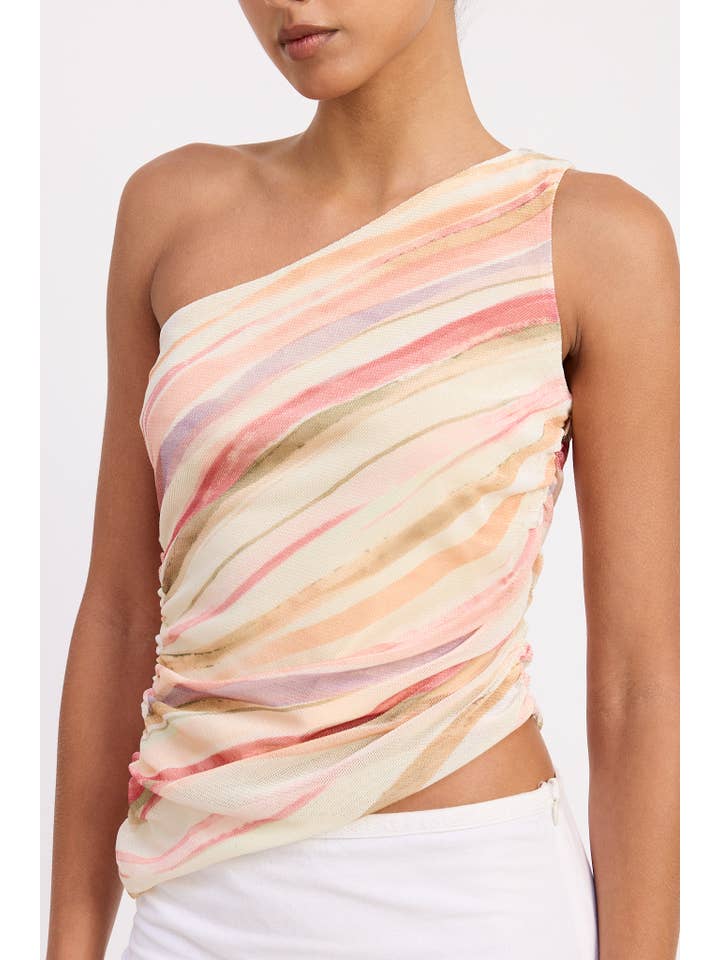 MULTI ONE SHOULDER RUCHED MESH TOP WITH ASYMMETRICAL HEM for wholesale on Faire