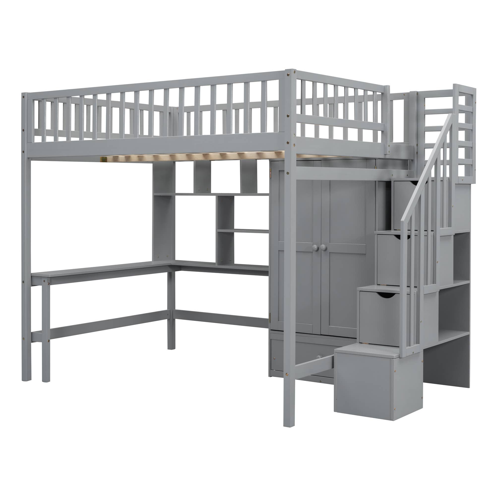Gray Full size Loft Bed with Bookshelf, Drawers, Desk for wholesale on Faire6
