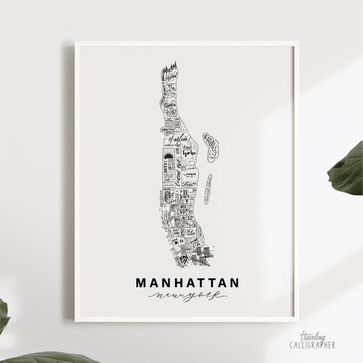 Manhattan, NY Neighborhood Map Print (3 maten beschikbaar) voor wholesale door Traveling Calligrapher