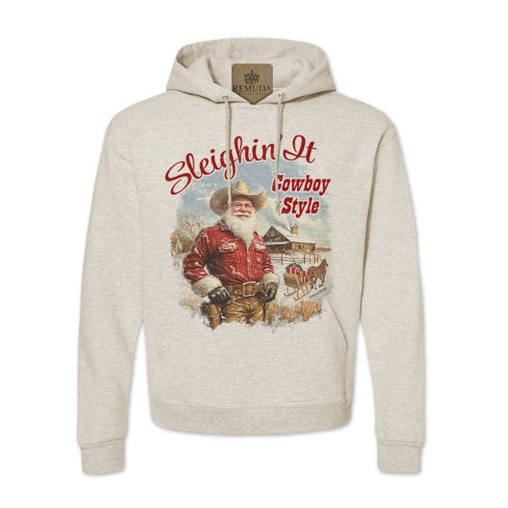 Sleighin It Cowboy Style - Adult Unisex Western Santa Christmas Pullover Hoodie for wholesale by Remuda Western Wear