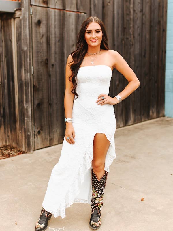 Ivory Strapless Crochet Lace Ruffle Slit Hem Dress for wholesale by LUCKY & BLESSED