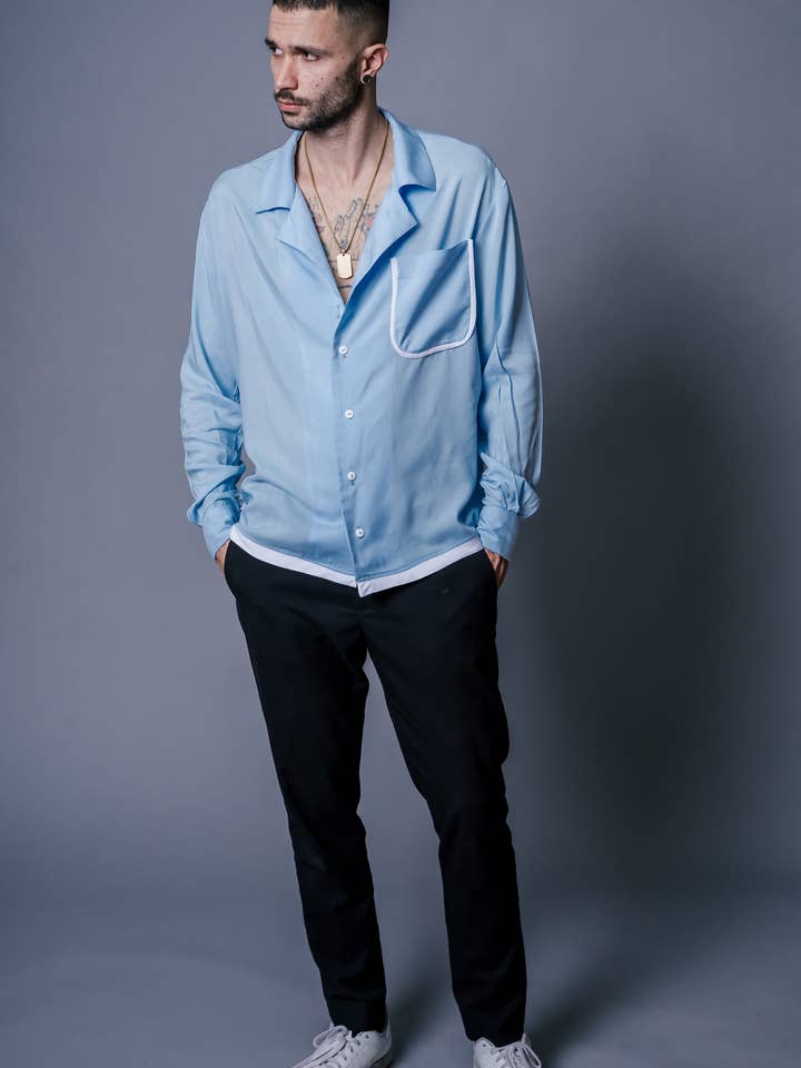 Blue pajama-style shirt for wholesale by Young God