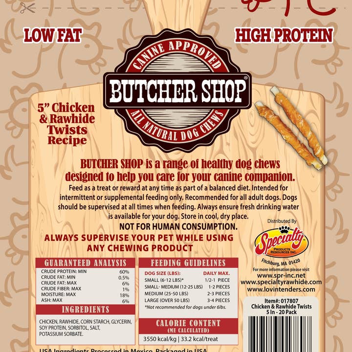 Lovin Tenders - Wholesale Pet Treats - Dog - Butcher Shop 5” Chicken & Rawhide Twists, 20-Pk