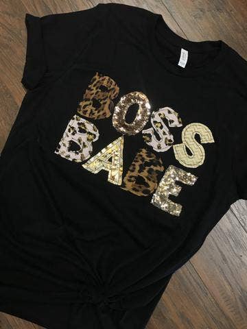BOSS BABE Shirt – Black with Leopard and Gold Hodge Podge for wholesale by Sew Fancy Designs