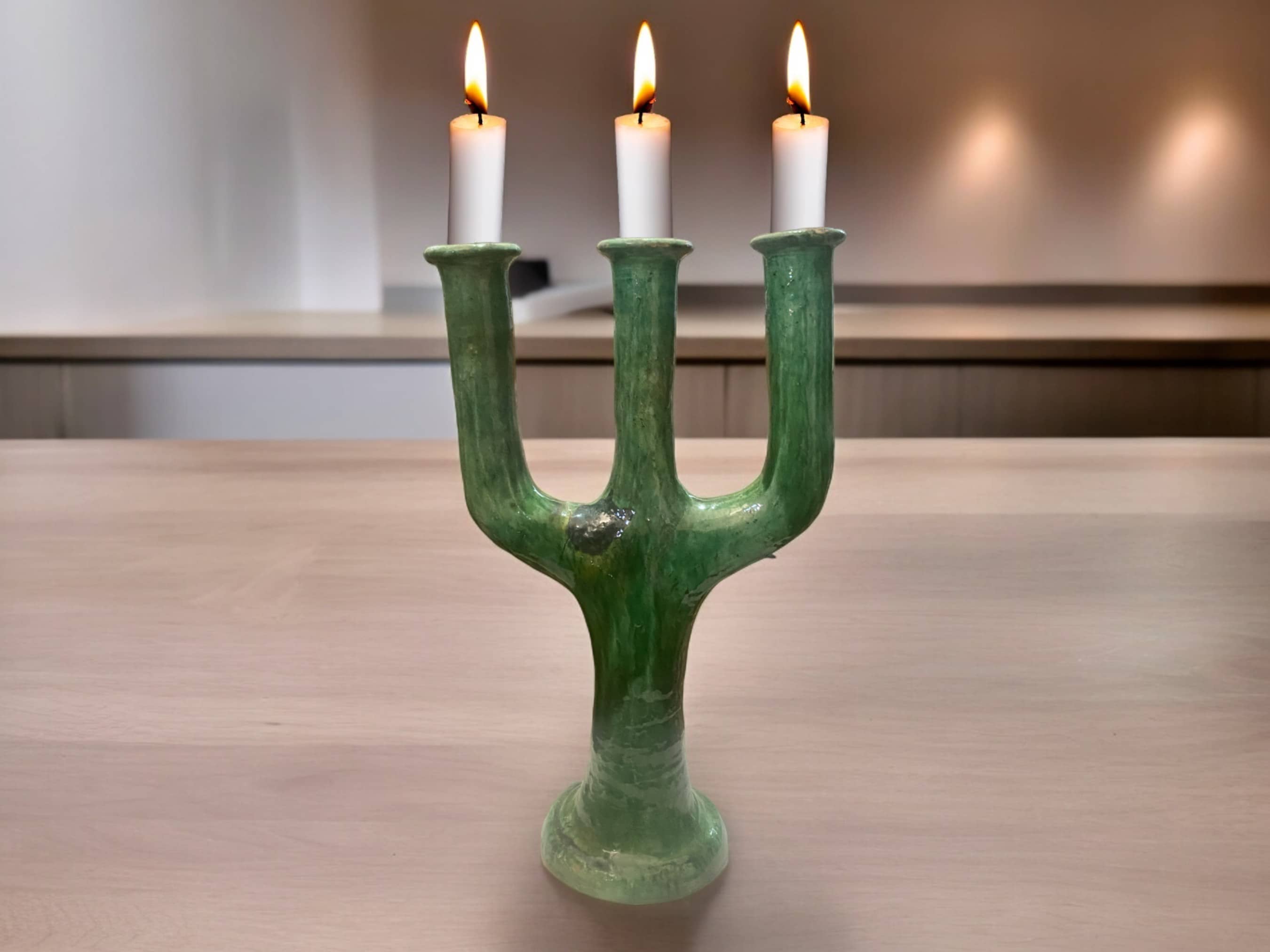 Moroccantastics - Wholesale Candle Holder - Handcrafted Moroccan Green Tamegroute Large 3-Branch Candlestick Holder1