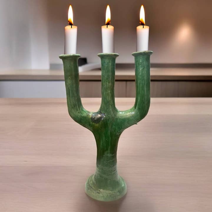 Moroccantastics - Wholesale Candle Holder - Handcrafted Moroccan Green Tamegroute Large 3-Branch Candlestick Holder1