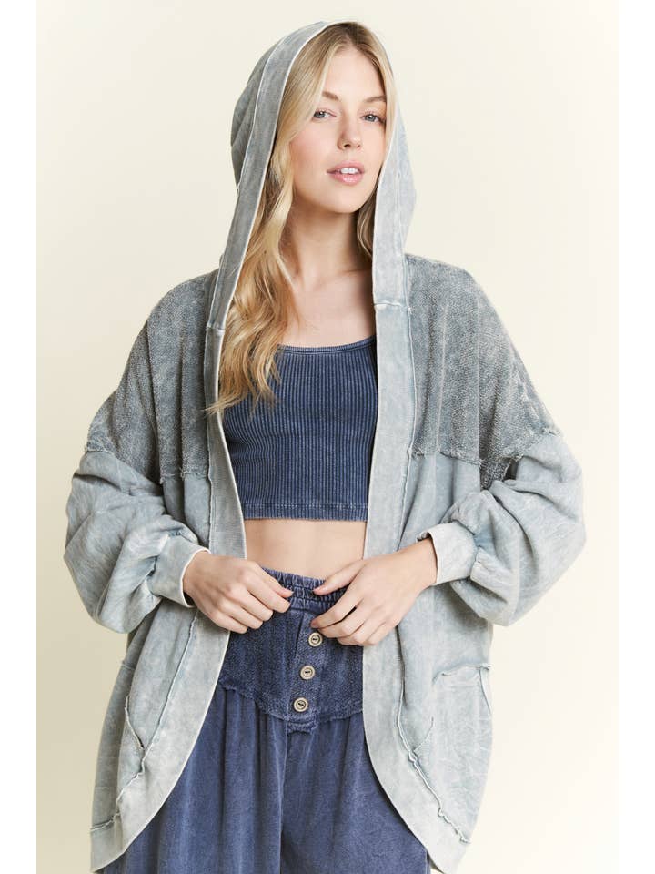J.Her - Wholesale Cardigan - Women's - Mineral Wash Open Terry Cardigan with peace sign HT6086