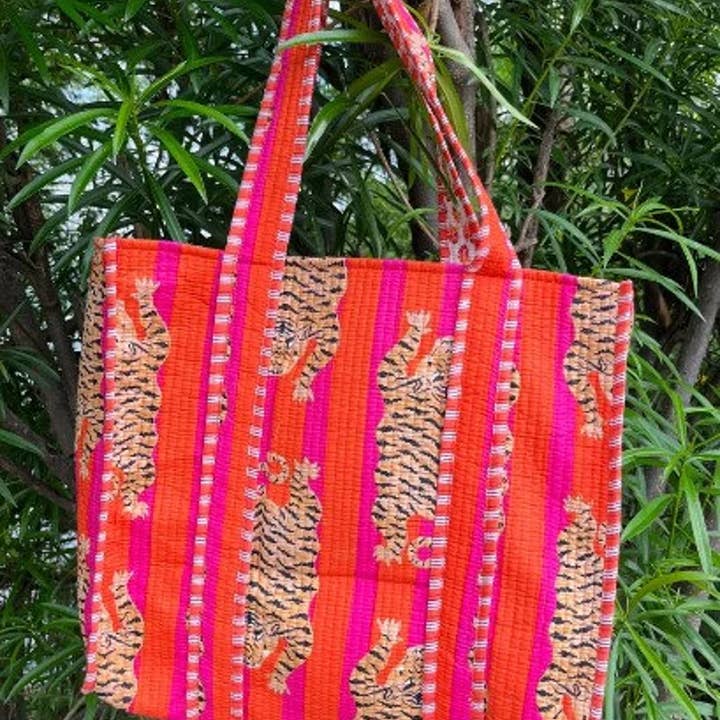 bhavnas boutique - Wholesale Luggage Tag - Tiger block Print Tote Bag Indian Handmade Cotton Shopping4