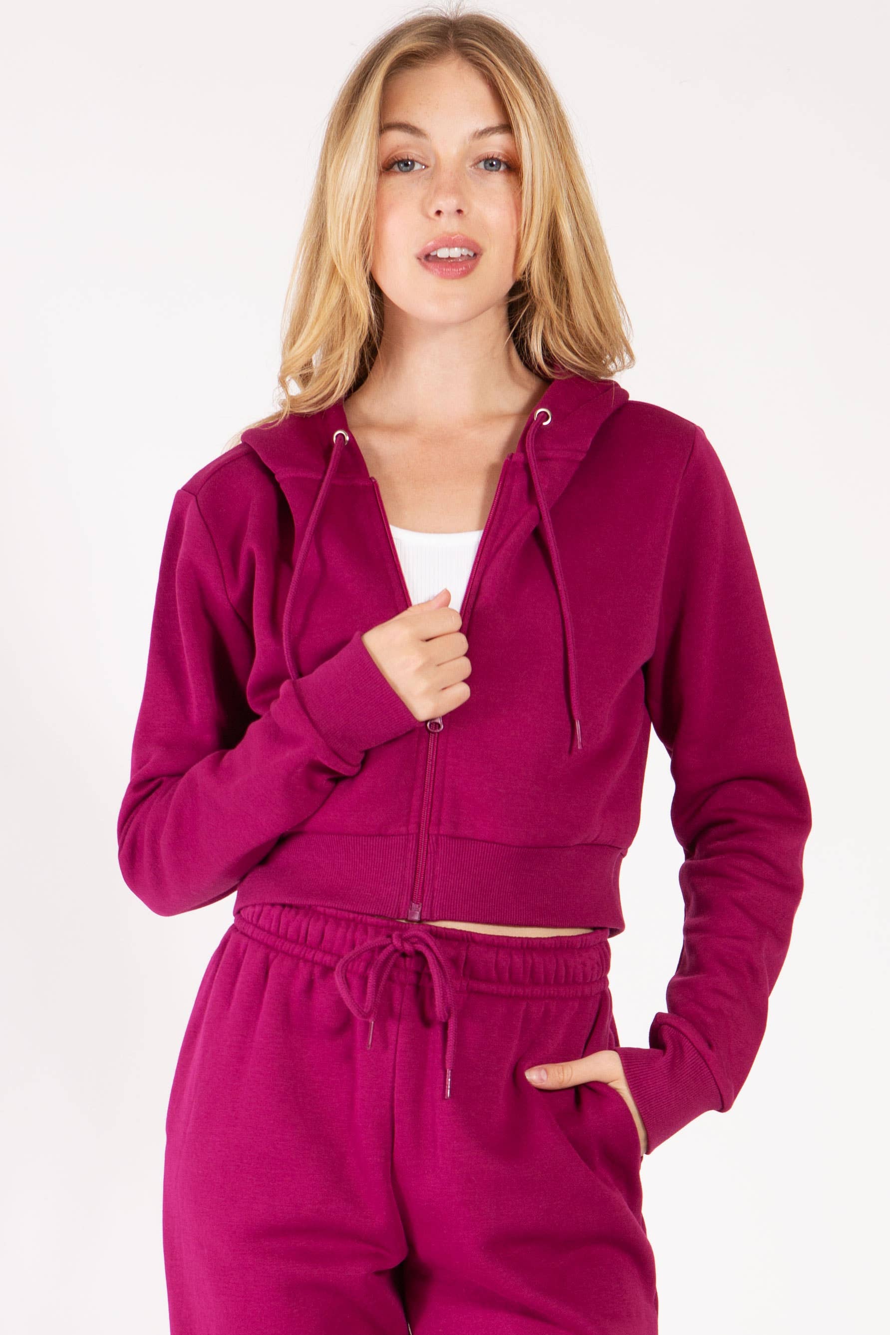 Color 5 - Wholesale Hoodie - Women's - Solid color fleece lined full zipper hoodie cropped jacket14