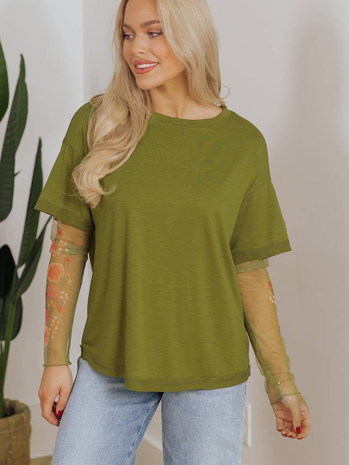 Fern Green Faux Two Piece Floral Long Sleeve Patchwork Tee for wholesale on Faire2