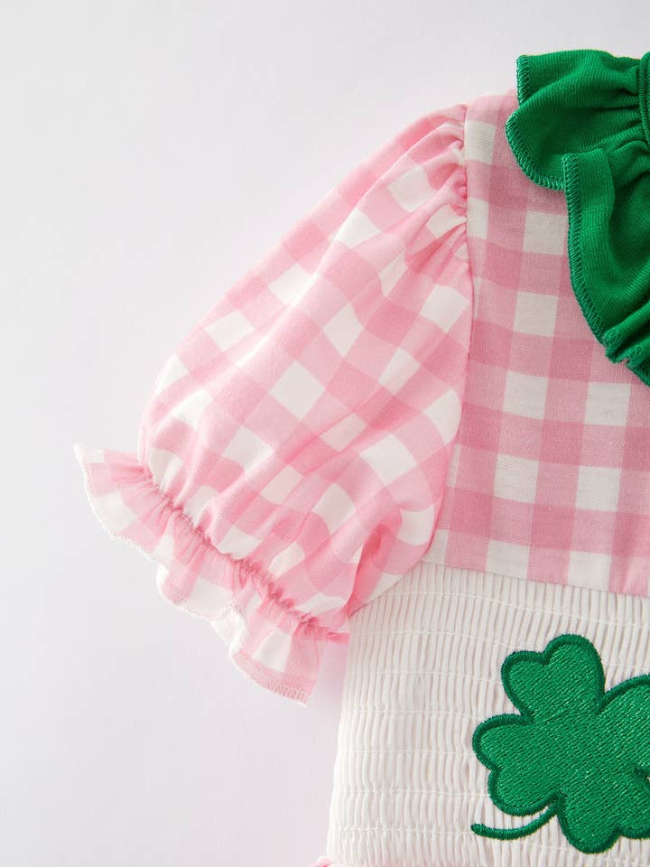 Rylee Faith Designs - Wholesale Dress - Kids - St. Patrick's Day Smocking 4-leaf Clover Plaid Bow Embroidered Dress