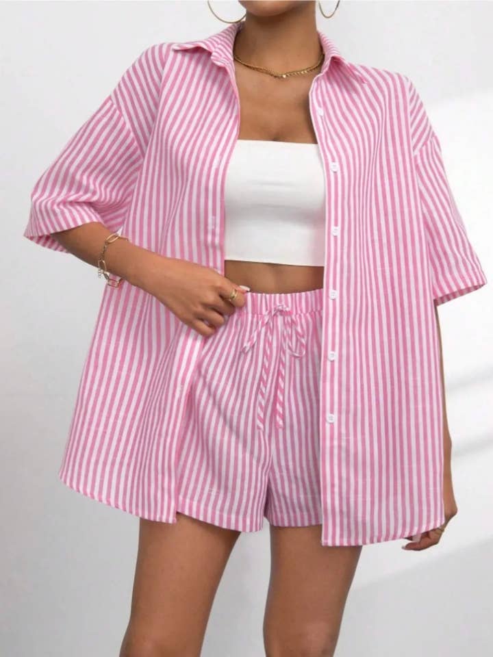 Striped Button Up Shirt and Shorts Set for wholesale by Beyond Apparel