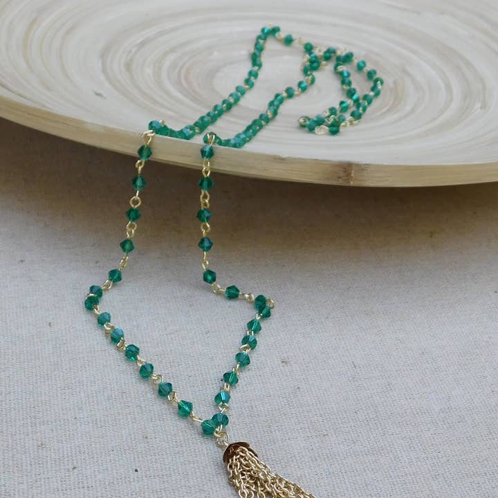 Crystals and Gold Chain Tassle Necklace for wholesale by Chloe & Lex