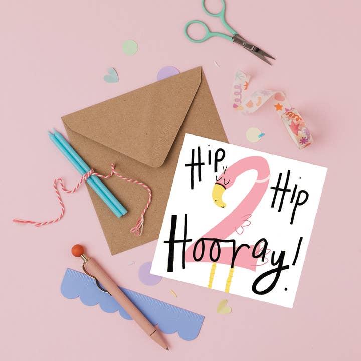 Second Birthday Card - Two - 2nd - Flamingo - hip hip hooray for wholesale by Susanna Banks Art