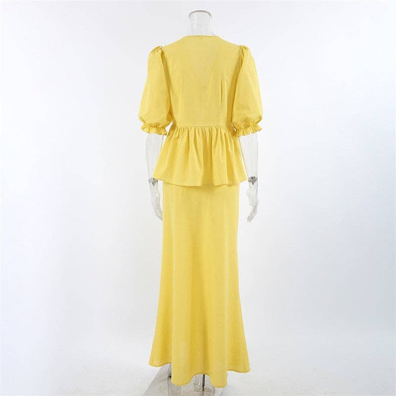 Yellow Solid Color Bubble Sleeve Top Skirt Set for wholesale on Faire7