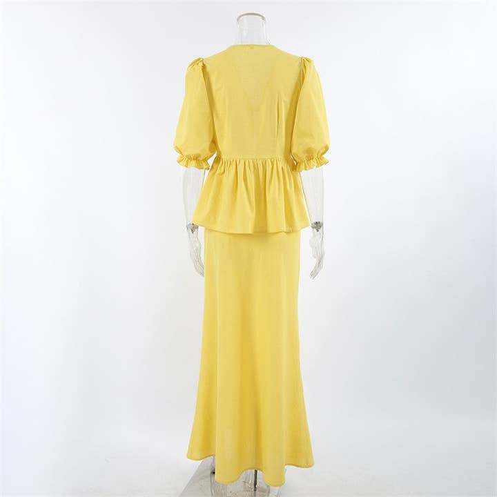 Yellow Solid Color Bubble Sleeve Top Skirt Set for wholesale on Faire7