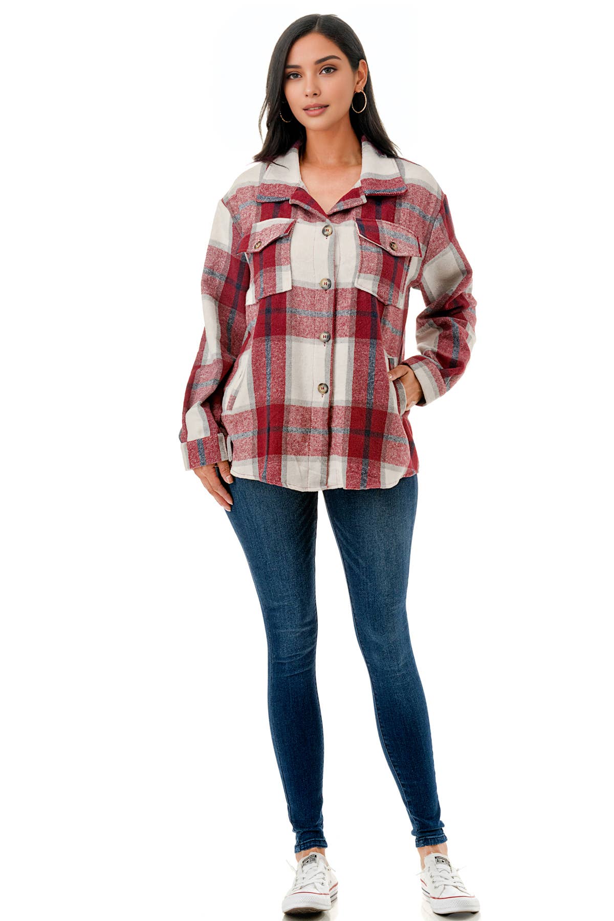 Color 5 - Wholesale Shirt Jacket/Shacket - Women's - Red plaid oversize shacket flannel jacket shirt w/pockets4