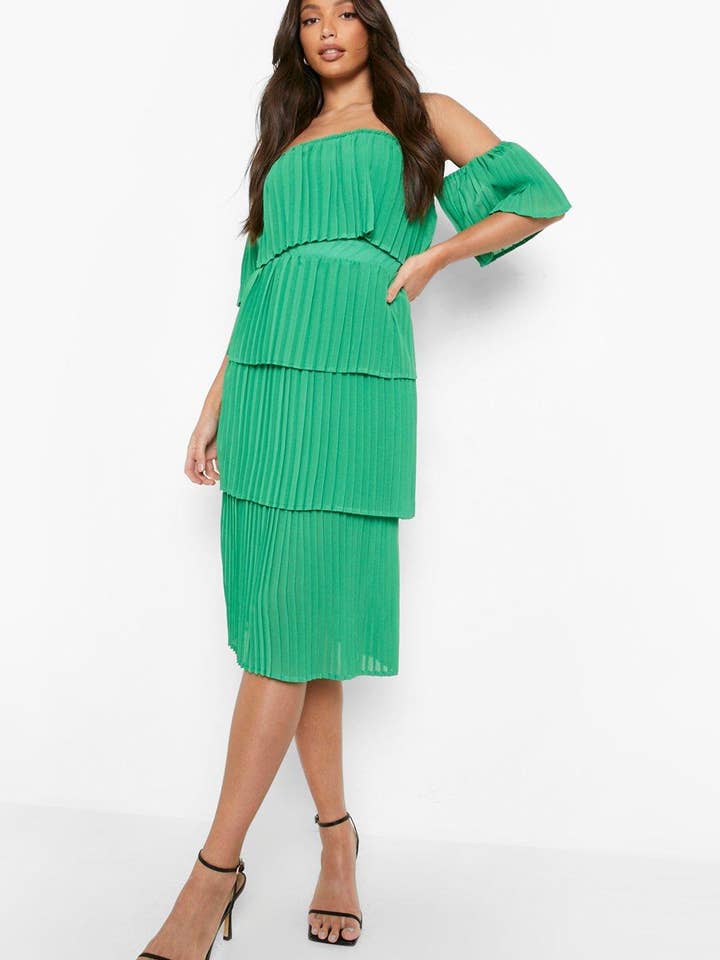 Female Green Tall Pleated Off Shoulder Occasion Dress for wholesale by STYLE INSTANT