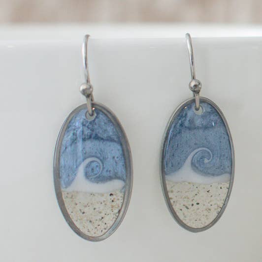 Ciondolo di Sabbia Personalizzato | Ovale | Onda Dipinta a Mano | Argento per la vendita all'ingrosso da parte di Sandy Beaches Shop