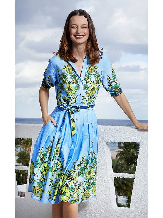 Dizzy-Lizzie - Wholesale Dress - Women's - Mrs Maisel Light Blue Ground With Leaves Print