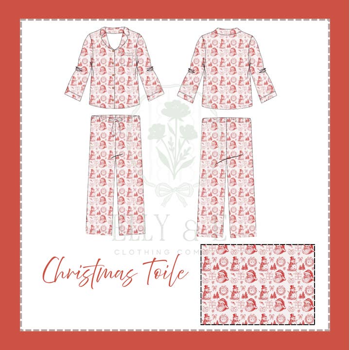 Christmas Toile Adult Bamboo Pajama Set for wholesale by Elly & E Clothing Co.