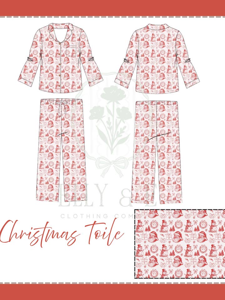Christmas Toile Adult Bamboo Pajama Set for wholesale by Elly & E Clothing Co.