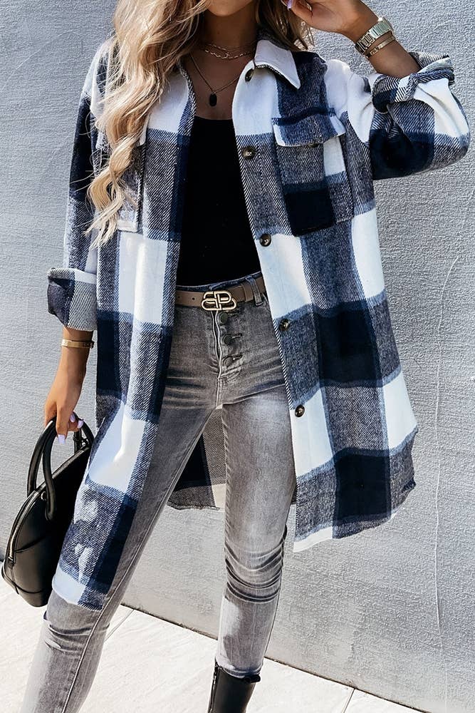 UNISHE - Vente Veste-chemise – femme - Veste longue à carreaux à poches boutonnées ZZKF4384