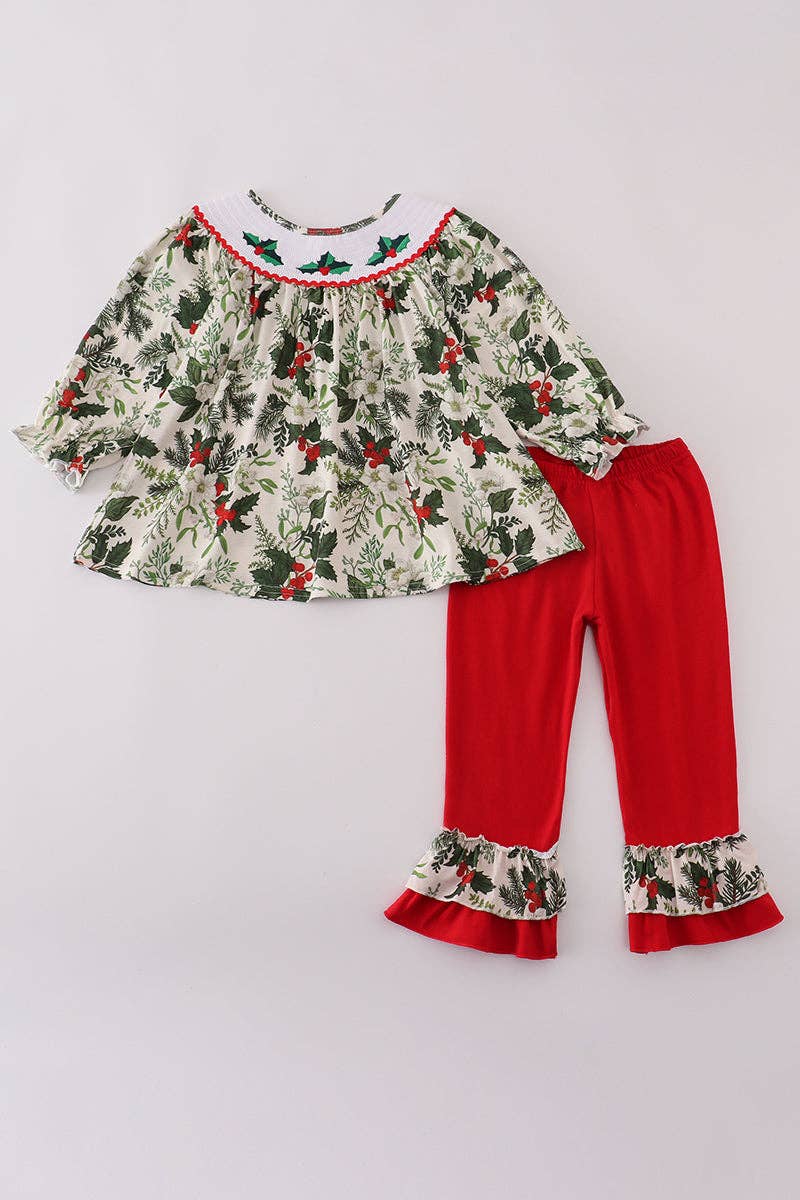 Aspen Rain Boutique - Wholesale Top & Pant Set - Kids - Green holly floral smocked ruffle pants set0