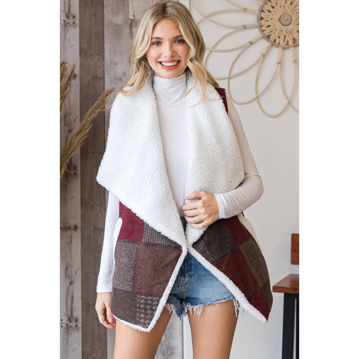 Burgundy Sherpa Lined Aztec Vest for wholesale on Faire4