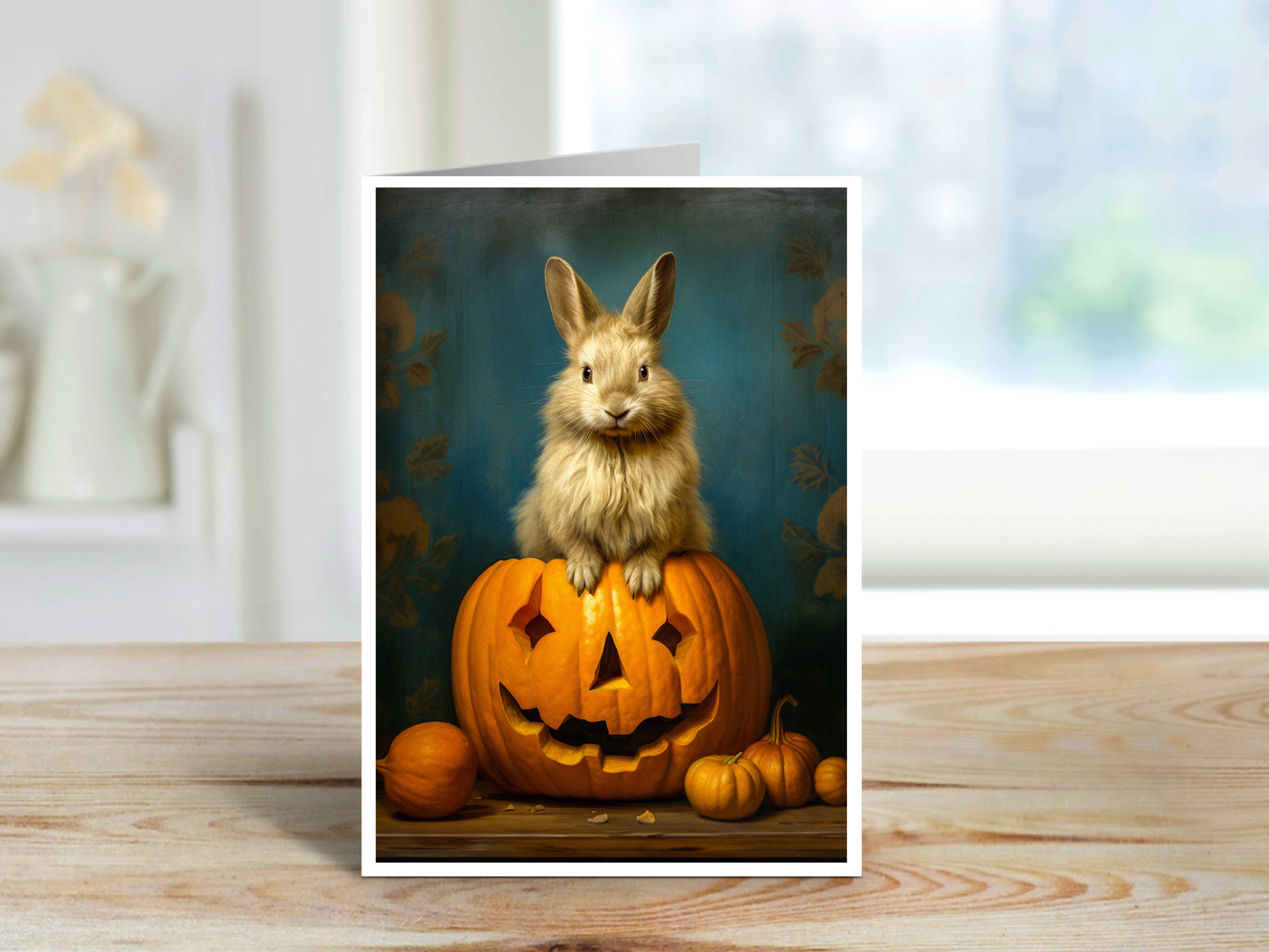 Salty Alyce - Wholesale Halloween Card -  Rabbit In A Jack O Lantern Pumpkin Blank Card 36AS1