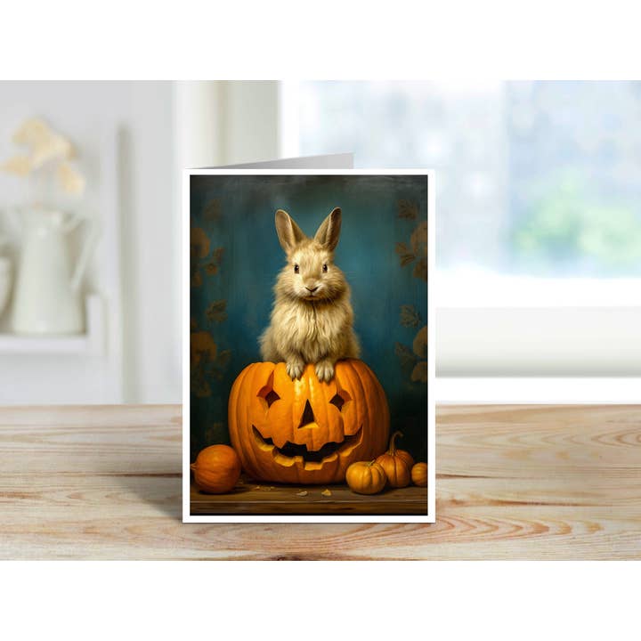 Salty Alyce - Wholesale Halloween Card - Rabbit In A Jack O Lantern Pumpkin Blank Card 36AS1