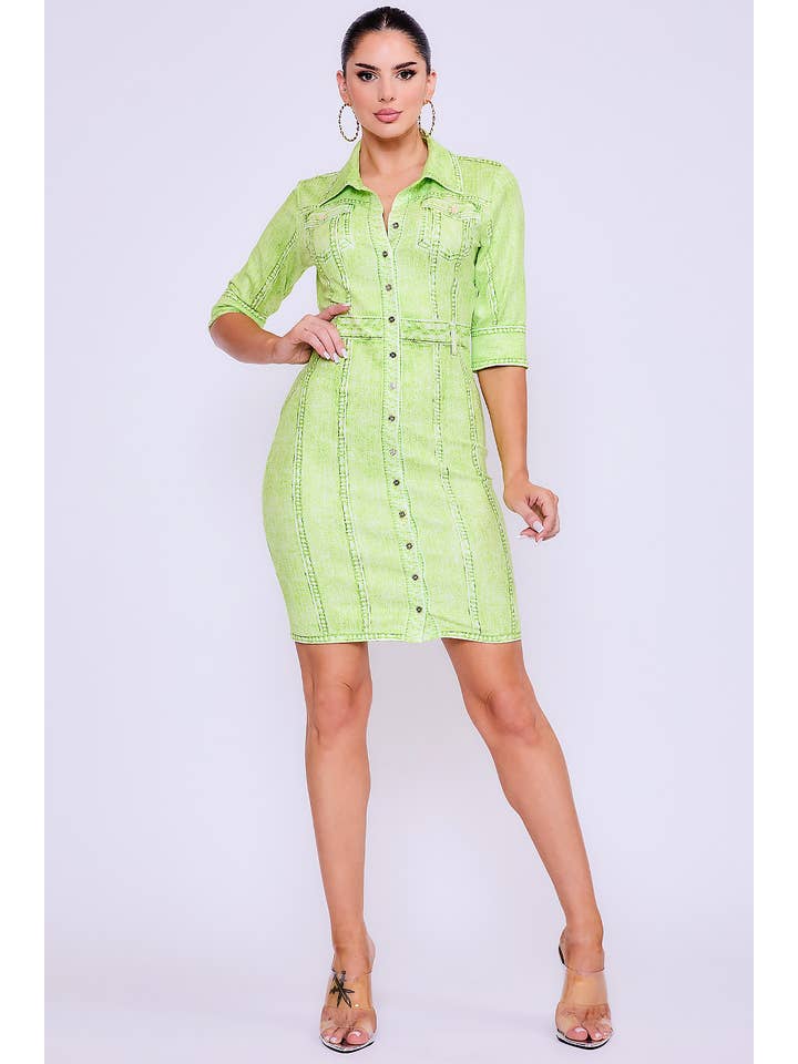 Her Bottari - Wholesale Dress - Women's - BD3696_Denim effect button down short sleeve mini dress6