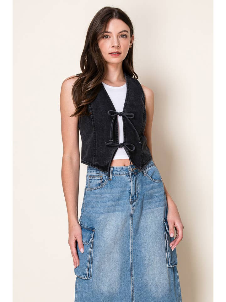 Faded Black Washed Denim Vest With Front Bow Ties for wholesale on Faire