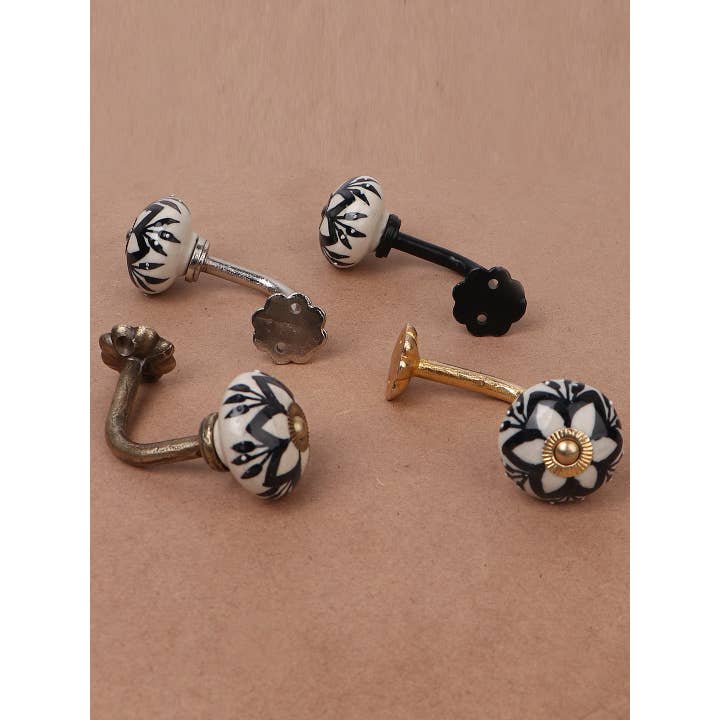 KNOBCO - Wholesale Knob/Pull - Unique Black And White Decorative Ceramic Flower Curtain Tie Back Hook Rustic Bathroom Towel Hook Antique Hook (Set of 2)