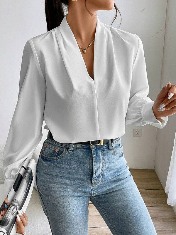 Sheer Trend - Vente Chemisier – femme - Blouses et chemises amples et plissées à manches longues, couleur unie, à joint fendu et col en V6