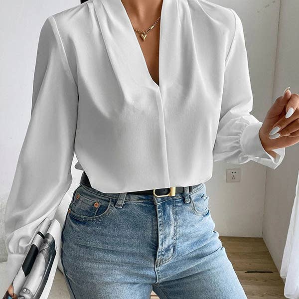 Long Sleeves Loose Pleated Solid Color Split-Joint V-Neck Blouses&Shirts Tops for wholesale by Sheer Trend