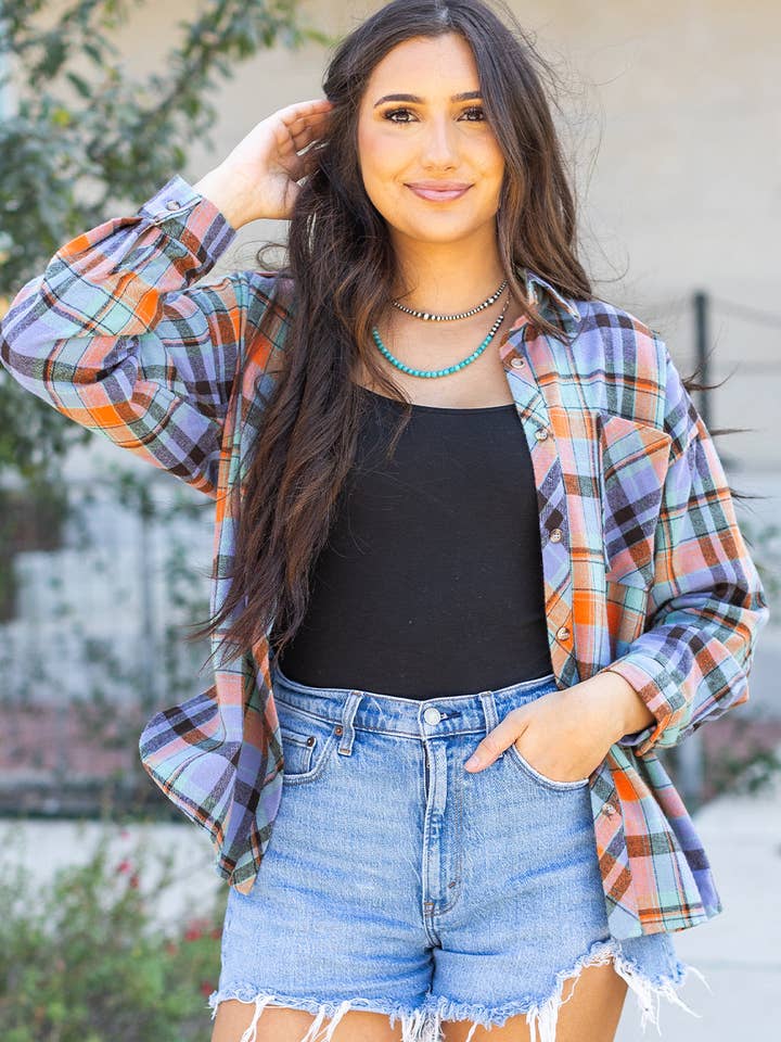 Orange Plaid Print Loose Vintage Shirt for wholesale on Faire0