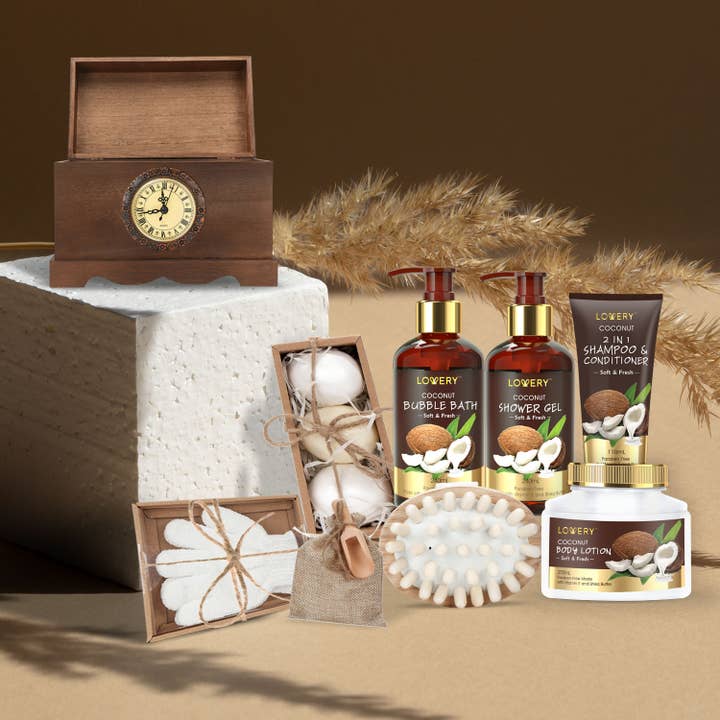 Lovery - Wholesale Bath & Body Set - Bath Gift Set in a Vintage Style Wooden Clock Box, 13pc Set3