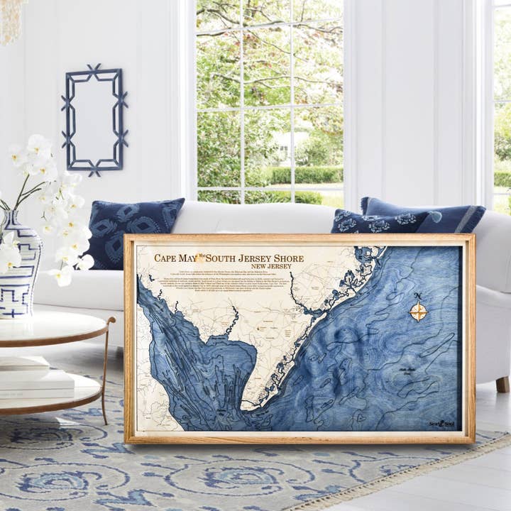 Cape May & South Jersey Shore Nautical 3D Wood Map Art mural, carte en bois sculpté, carte en bois sculpté, cadeaux personnalisés uniques faits à la main pour la vente par Sea & Soul Nautical Chart Art