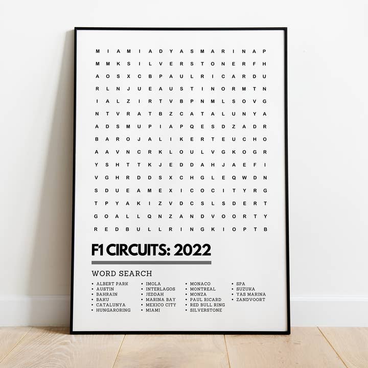 F1 Circuits Tracks 2022 Racing Man Cave Wordsearch Art Print for wholesale by Underdog Studio