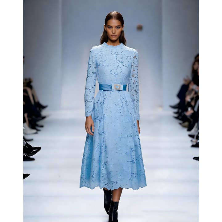 Abito midi blu in pizzo a maniche lunghe con colletto alto SY580 per la vendita all'ingrosso da parte di Sanyao Fashion