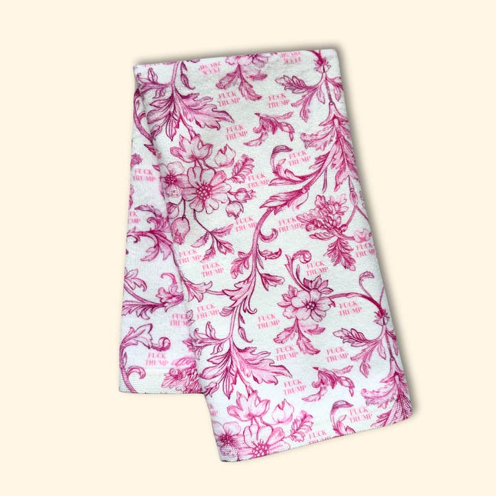 Pink Toile de Jouy F*ck Trump Hand Towel for wholesale by Grateful Thread Co.
