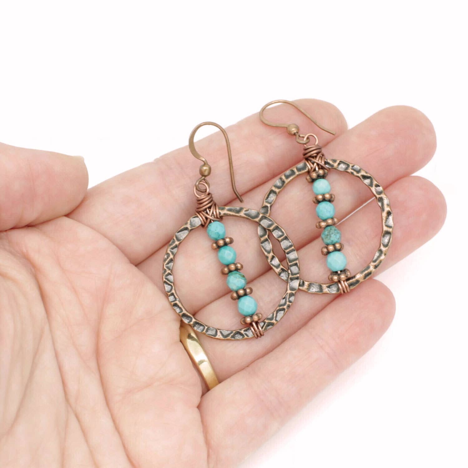 Pillar of Salt Studio - Wholesale Dangle Earrings - Copper Hammered Circle with Turquoise Handmade Earrings2