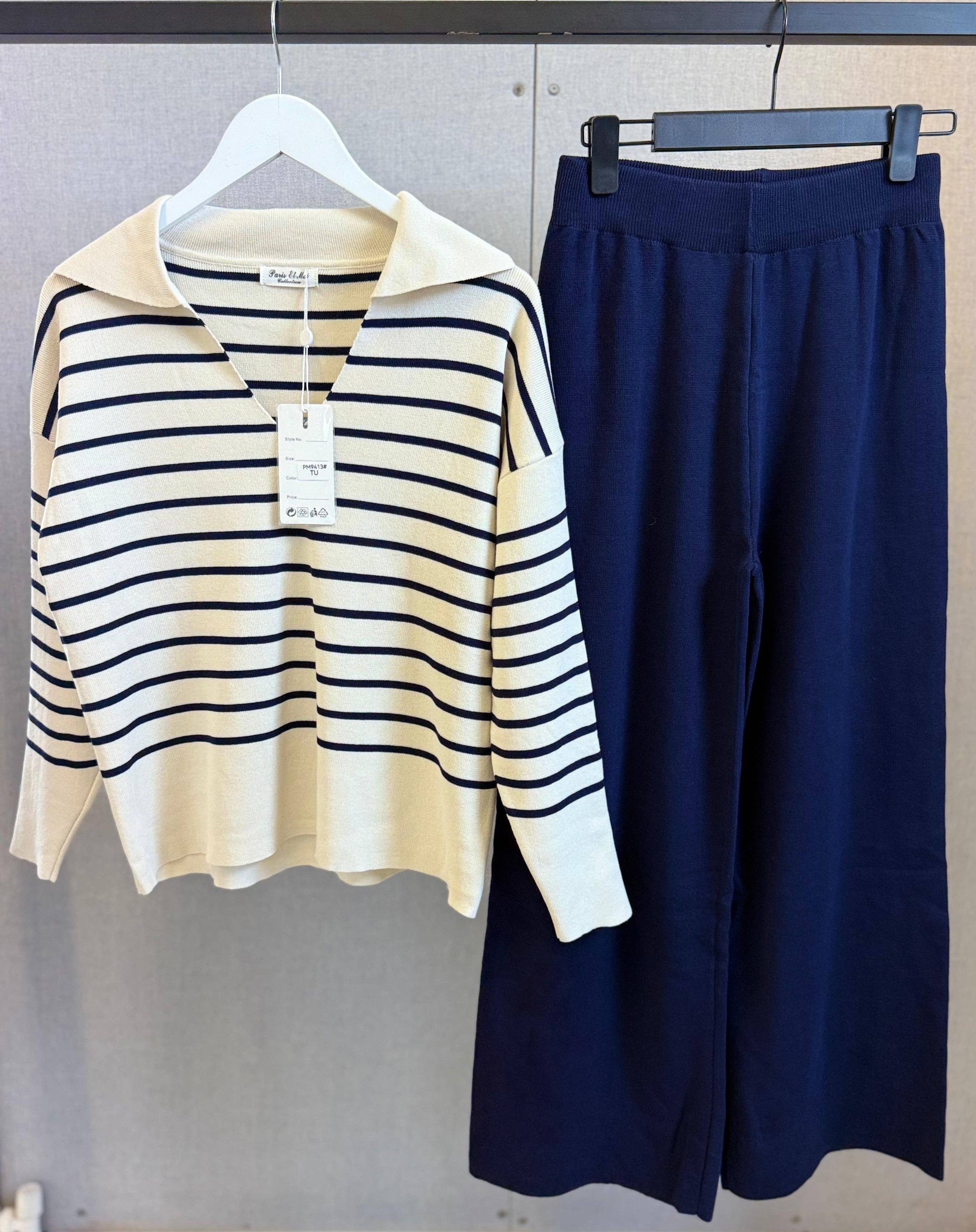 ANGELEYE - Wholesale Top & Pant Set (NOT Loungewear) - Women's - Knit Co-ords in Cream and Navy Stripes