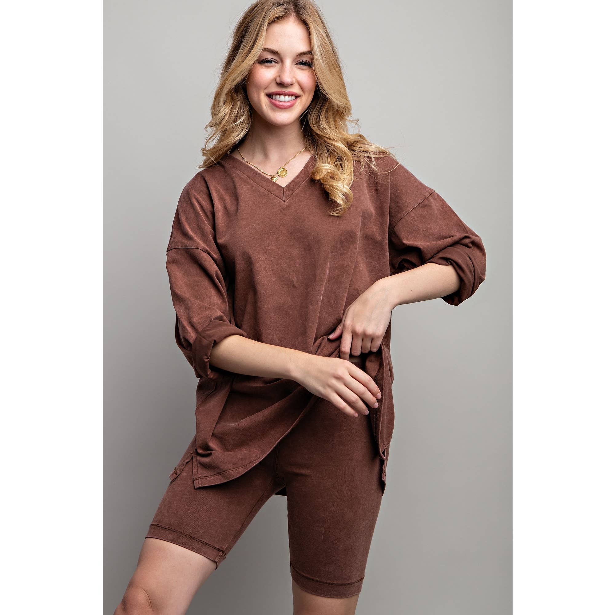 Sweet Generis - Wholesale Lounge Set - Women's - COTTON MINIERAL WASHED OVERSIZE TOP WITH CASUAL BIKER SHORT 14